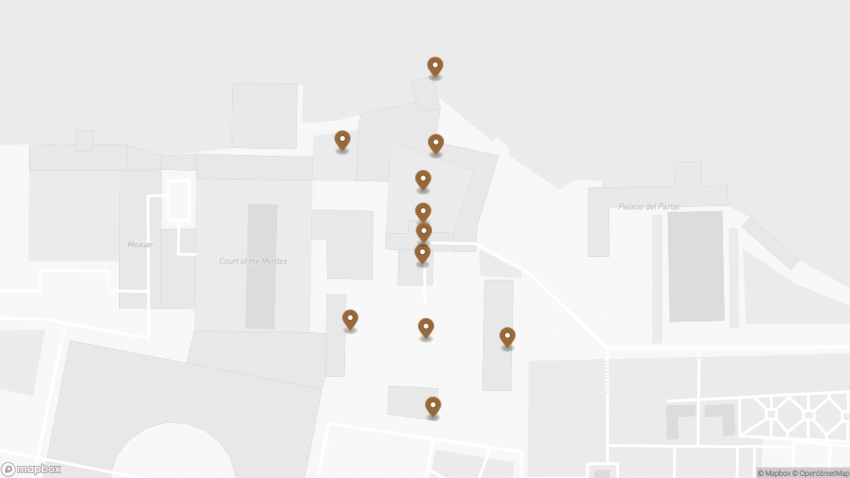 Map of the The Nasrid Palaces | Palace of the Lions walking route with 11 stops in Granada.