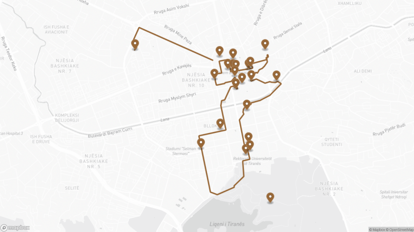 Map of the Self-Guided Walking Tour of Tirana, Albania walking route with 22 stops in Tirana.
