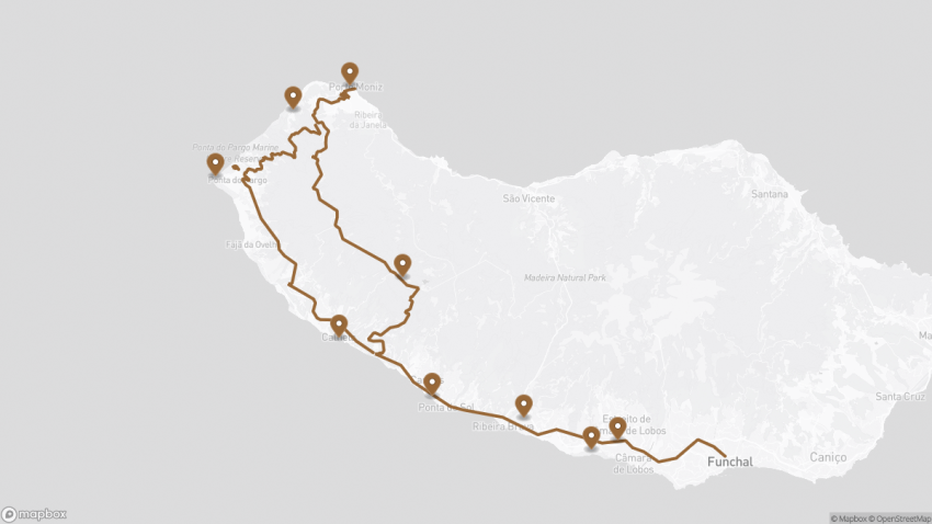 Map of the Madeira Sightseeing Tour of the South West Coast: Scenic Drive & Highlights walking route with 9 stops in Funchal (Madeira).
