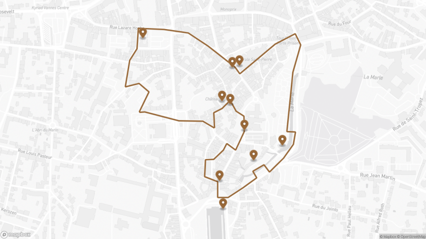 Map of the Self-Guided Walking Tour of Vannes, France walking route with 10 stops in Vannes.