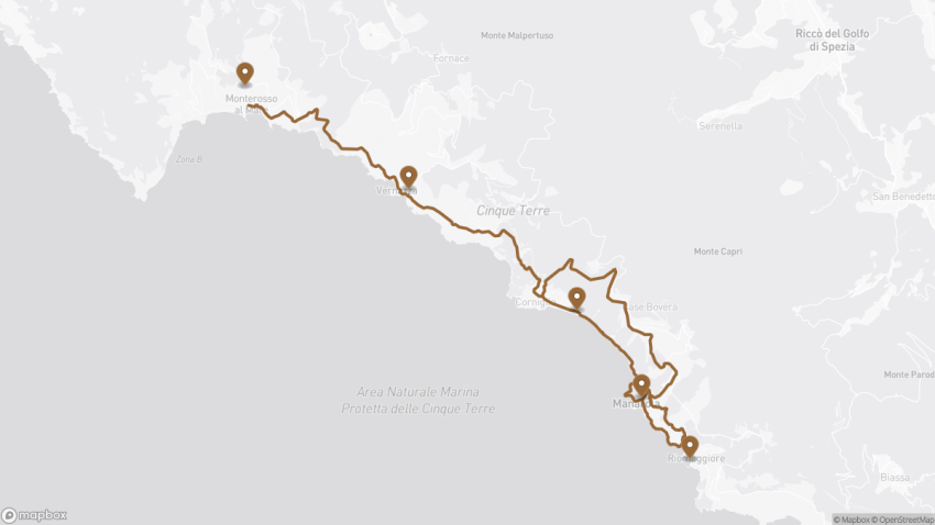 Map of the Walking Cinque Terre’s Blue Trail: Map, Sections & Tips walking route with 5 stops in Manarola.