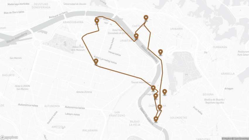 Map of the Self-Guided Walking Tour of Bilbao, Spain walking route with 10 stops in Bilbao.