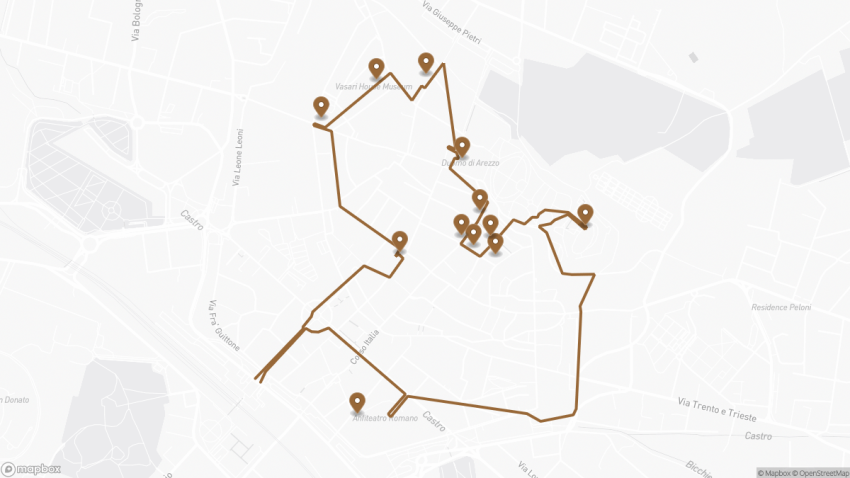 Map of the Self-Guided Walking Tour of Arezzo, Tuscany walking route with 12 stops in Arezzo.