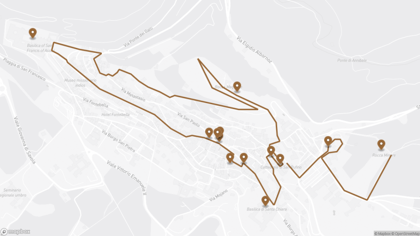 Map of the Self-Guided Walking Tour of Assisi, Italy walking route with 13 stops in Assisi.