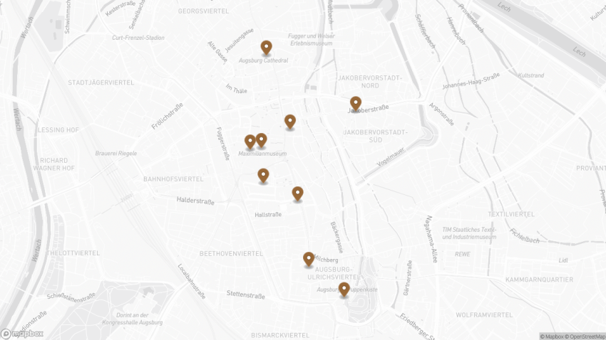 Map of the Self-Guided Walking Tour of Augsburg, Germany walking route with 9 stops in Augsburg.
