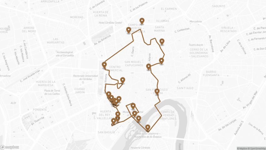 Map of the Self-Guided Walking Tour of Cordoba, Spain walking route with 22 stops in Córdoba.