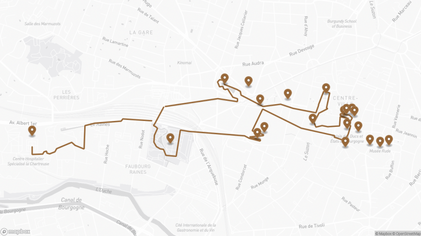 Map of the Self-Guided Walking Tour of Dijon, France walking route with 20 stops in Dijon.