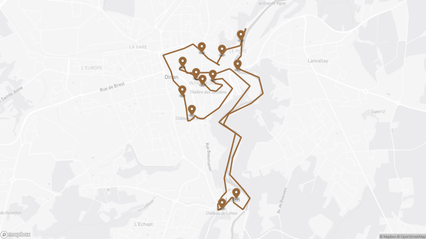 Map of the Walking Tour of Dinan, France walking route with 12 stops in Dinan.