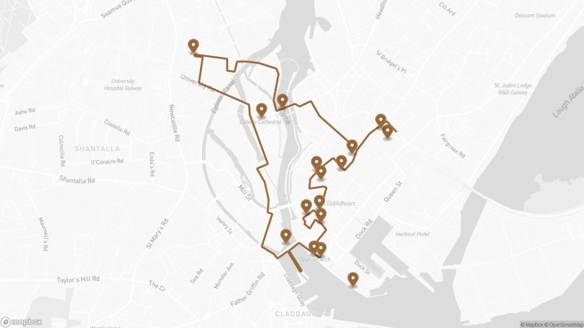 Map of the Self-Guided Walking Tour of Galway, Ireland walking route with 16 stops in Galway.