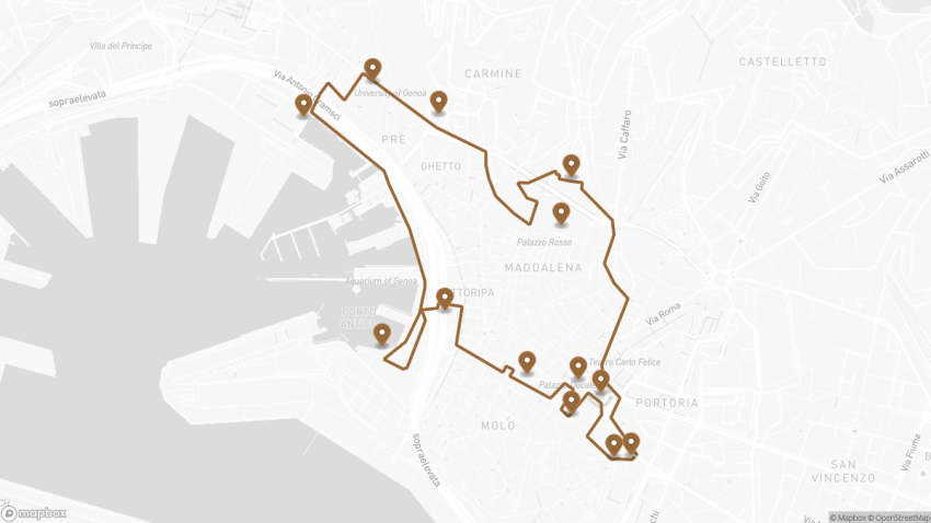 Map of the Self-Guided Walking Tour of Genoa, Italy walking route with 13 stops in Genoa.