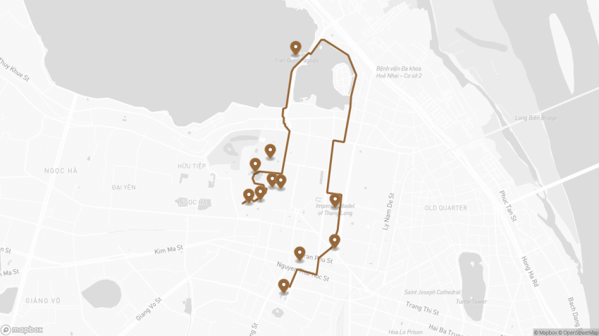 Map of the Self-Guided Walking Tour of Hanoi’s Ba Dinh District walking route with 11 stops in Hanoi.