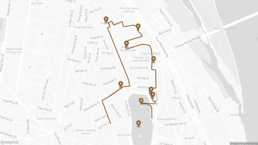 Map of the Self-Guided Walking Tour of Hanoi’s Old Quarter walking route with 9 stops in Hanoi.