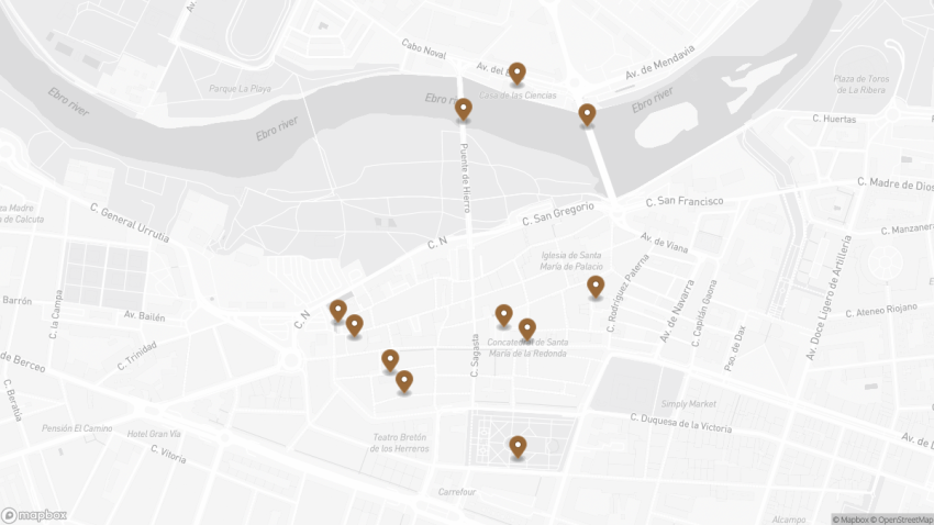 Map of the Self-Guided Walking Tour of Logroño, Spain walking route with 11 stops in Logroño.