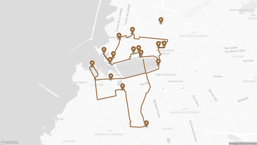 Map of the Self-Guided Walking Tour of Marseille, France walking route with 16 stops in Marseille.