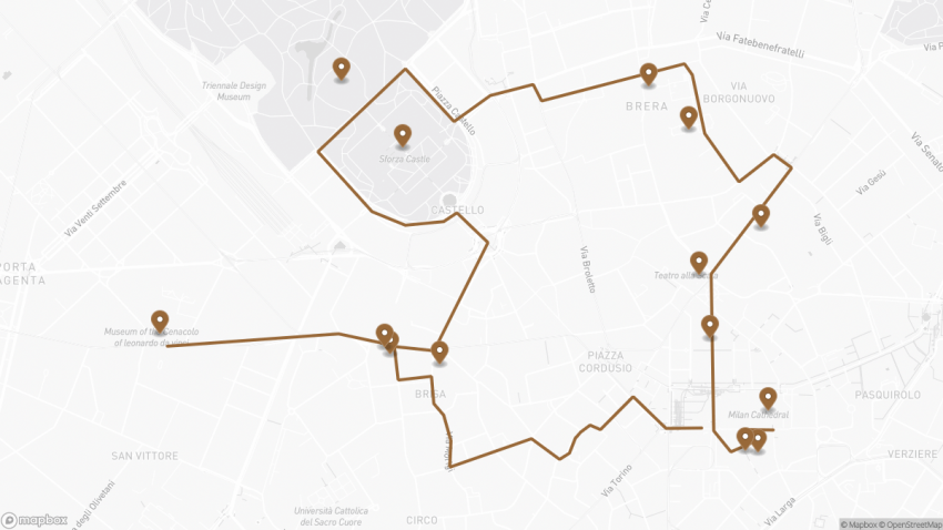 Map of the Self-Guided Walking Tour of Milan, Italy walking route with 14 stops in Milan.