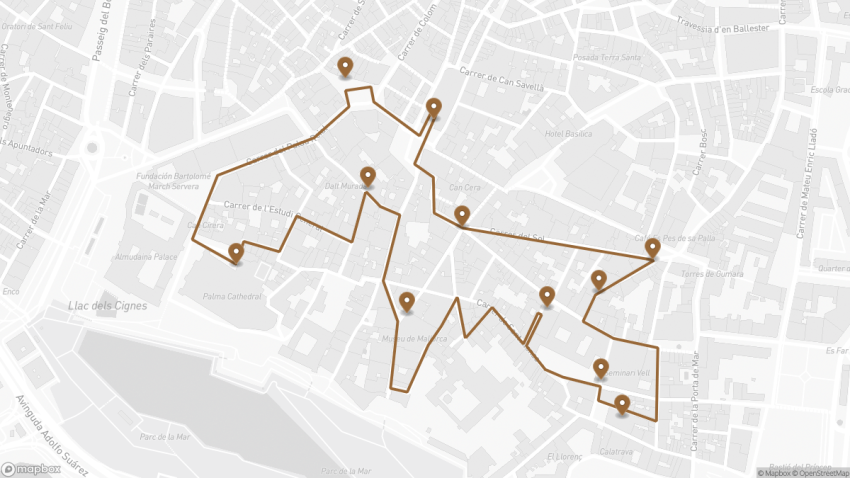 Map of the Self-Guided Walking Tour of Palma’s Jewish Quarter walking route with 11 stops in Palma de Mallorca.
