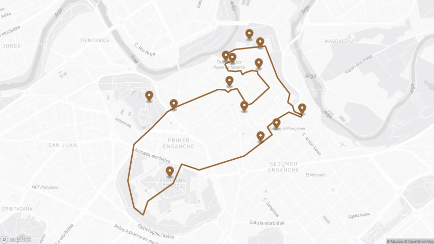 Map of the Self-Guided Walking Tour of Pamplona, Spain walking route with 13 stops in Pamplona.