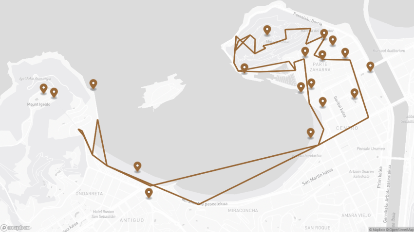 Map of the Self-Guided Walking Tour of San Sebastián, Spain walking route with 18 stops in San Sebastián.