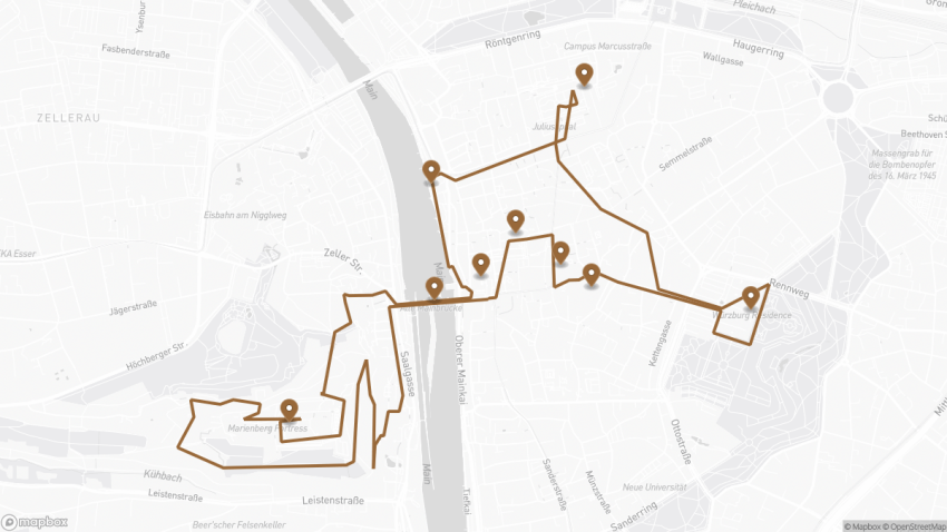 Map of the Self-Guided Walking Tour of Würzburg, Germany walking route with 9 stops in Würzburg.