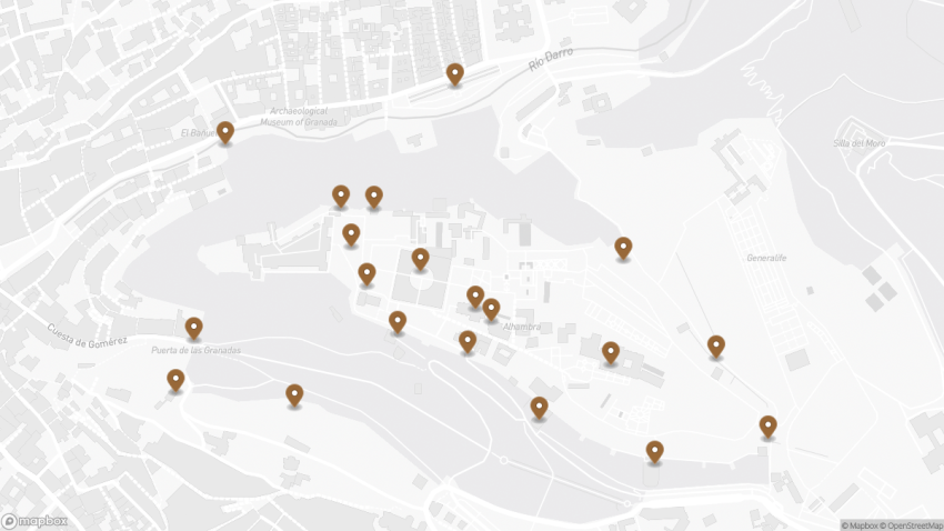 Map of the 21 Things to See in the Alhambra for Free walking route with 20 stops in Granada.