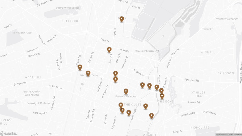 Map of the Self-Guided Walking Tour of Winchester, England walking route with 17 stops in Winchester.