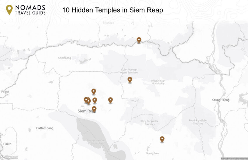 Map of the 10 Hidden Temples in Siem Reap walking route with 10 stops in Siem Reap.