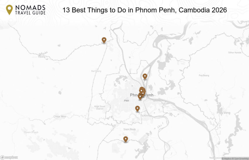 Map of the 13 Best Things to Do in Phnom Penh, Cambodia: Temples, Markets & Culture walking route with 13 stops in Phnom Penh.