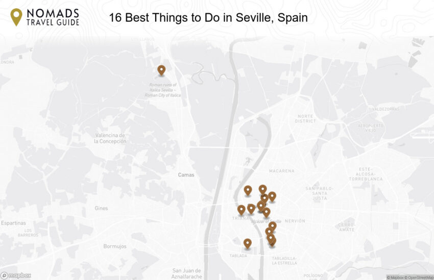 Map of the 16 Best Things to Do in Seville, Spain walking route with 16 stops in Seville.
