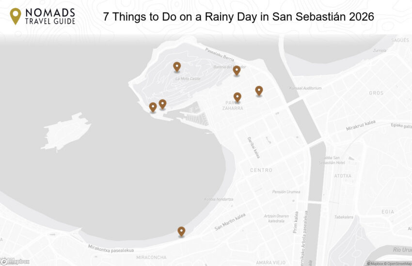 Map of the 7 Things to Do on a Rainy Day in San Sebastián walking route with 7 stops in San Sebastián.