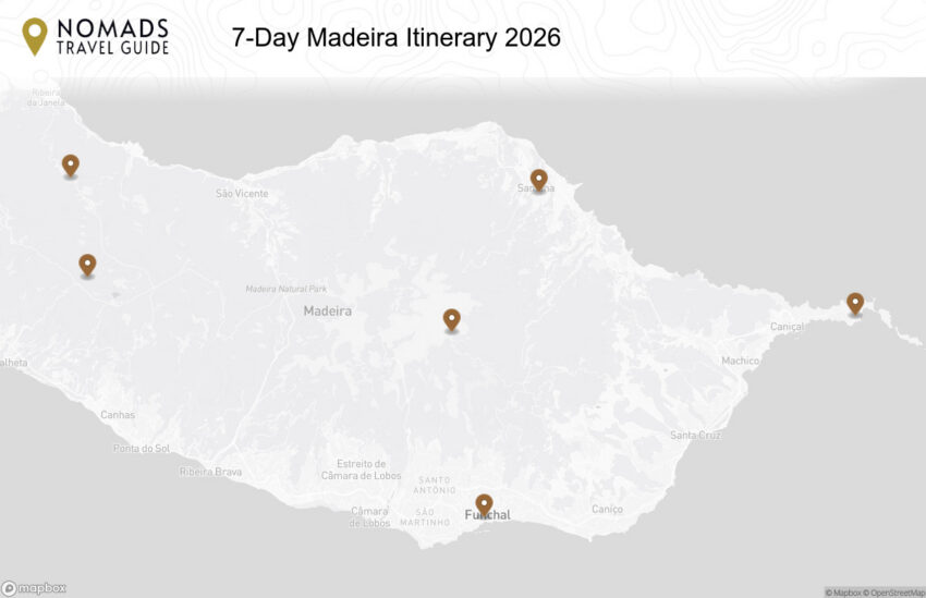 Map of the 7-Day Madeira Itinerary: How to See the Island in One Week walking route with 6 stops in Funchal (Madeira).