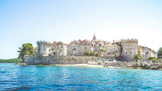 View at old city of Korcula and fortress in Croatia