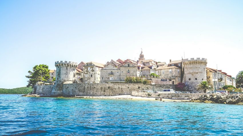 View at old city of Korcula and fortress in Croatia