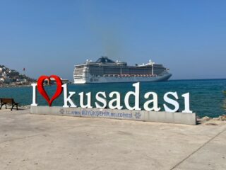 I Love Kusadasi, with cruise ship in background