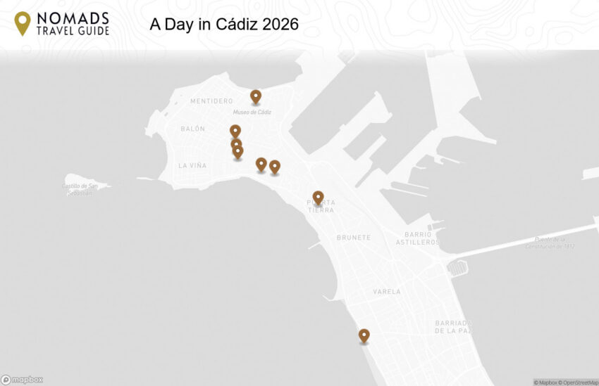 Map of the A Day in Cádiz: What to See, Do & Experience walking route with 8 stops in Cádiz.