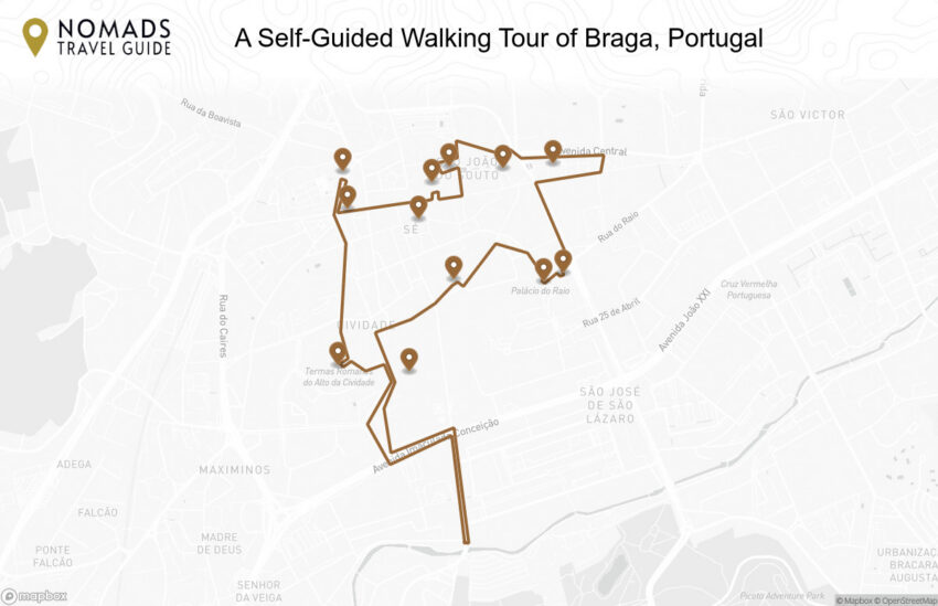 Map of the A Self-Guided Walking Tour of Braga, Portugal walking route with 12 stops in Braga.