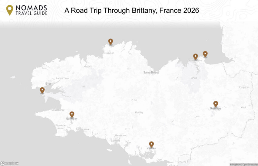 Map of the A Road Trip Through Brittany, France walking route with 7 stops in Brittany.
