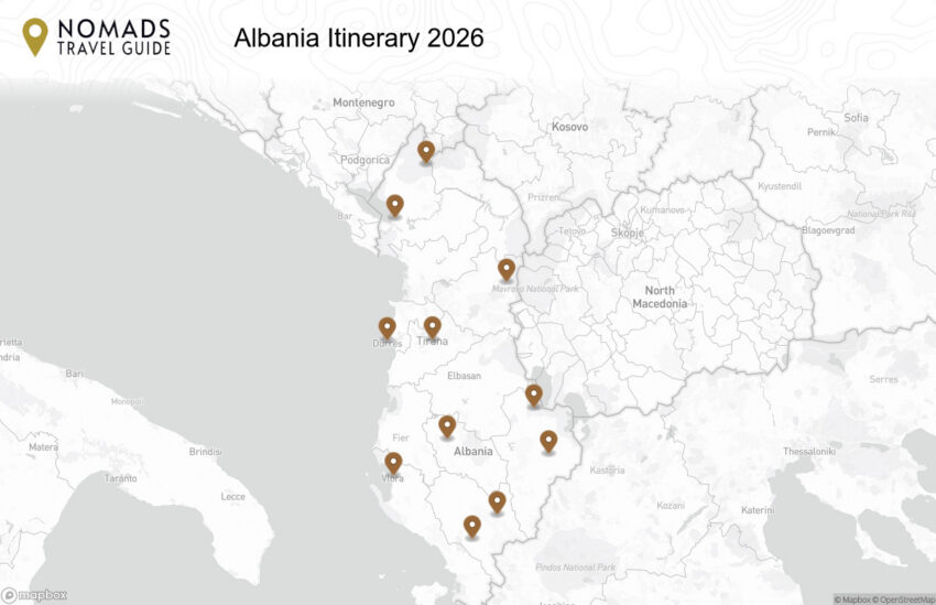 Map of the Albania Itinerary: An Epic 2 Week Albania Road Trip walking route with 11 stops.
