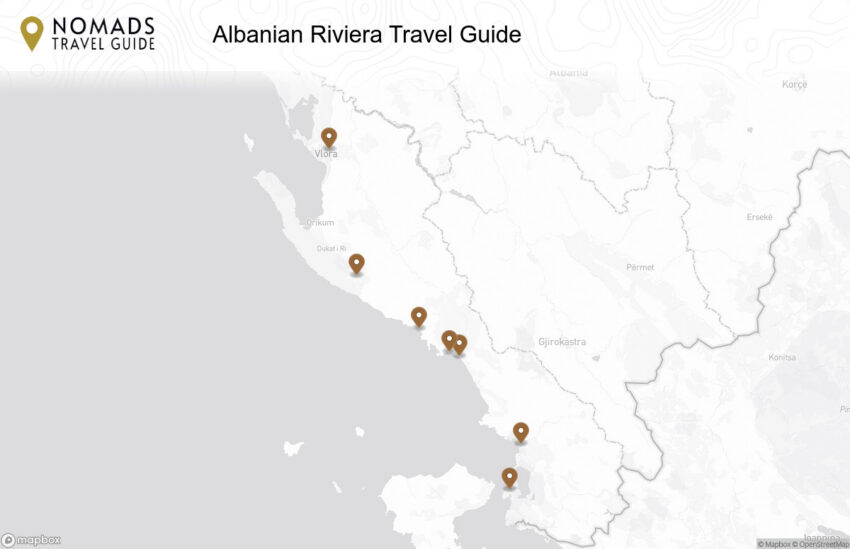 Map of the Albanian Riviera Travel Guide walking route with 7 stops.