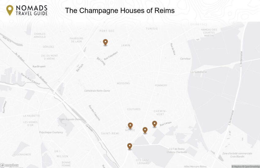 Map of the The Champagne Houses of Reims: A Sparkling Experience walking route with 5 stops in Reims.