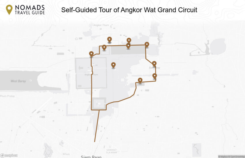 Map of the Self-Guided Tour of Angkor Wat Grand Circuit walking route with 11 stops in Siem Reap.