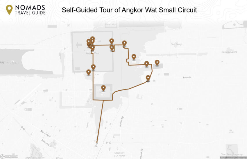 Map of the Self-Guided Tour of Angkor Wat Small Circuit walking route with 16 stops in Siem Reap.