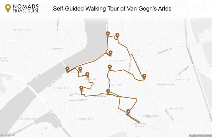 Map of the Self-Guided Walking Tour of Van Gogh’s Arles walking route with 11 stops in Arles.