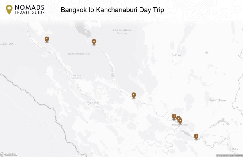 Map of the Bangkok to Kanchanaburi Day Trip walking route with 8 stops in Kanchanaburi.
