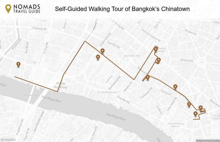 Map of the Self-Guided Walking Tour of Bangkok’s Chinatown walking route with 10 stops in Bangkok.