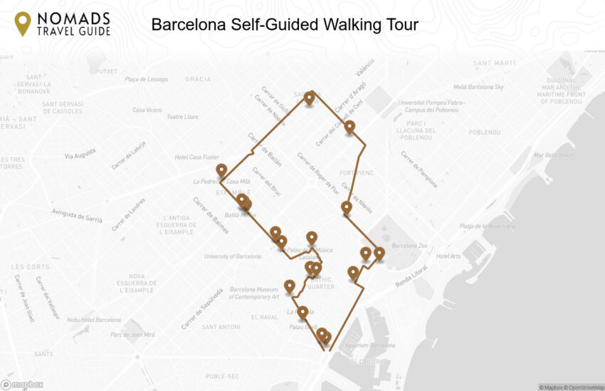 Map of the Barcelona Self-Guided Walking Tour: From Columbus Monument to Gaudí walking route with 19 stops in Barcelona.