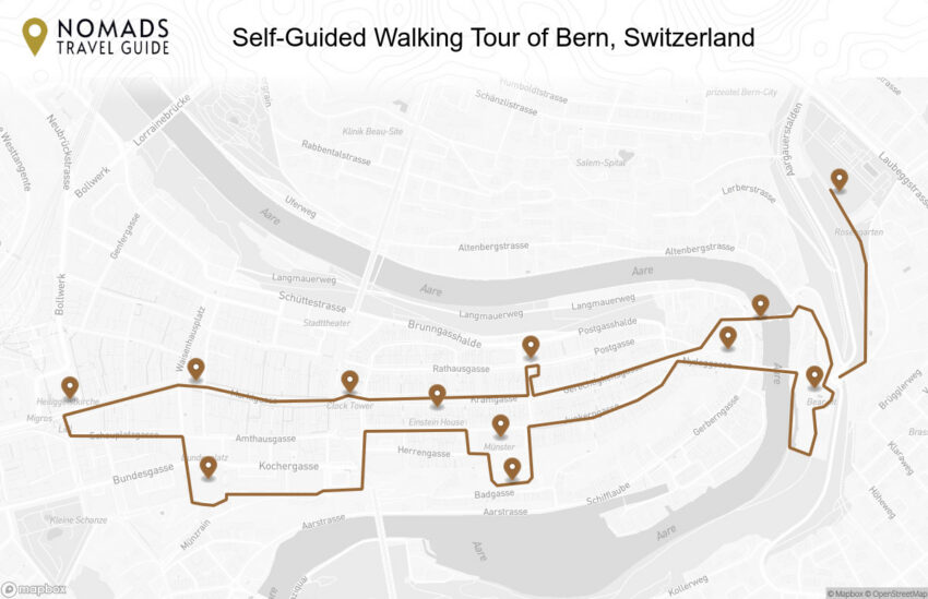 Map of the Self-Guided Walking Tour of Bern, Switzerland walking route with 12 stops in Bern.