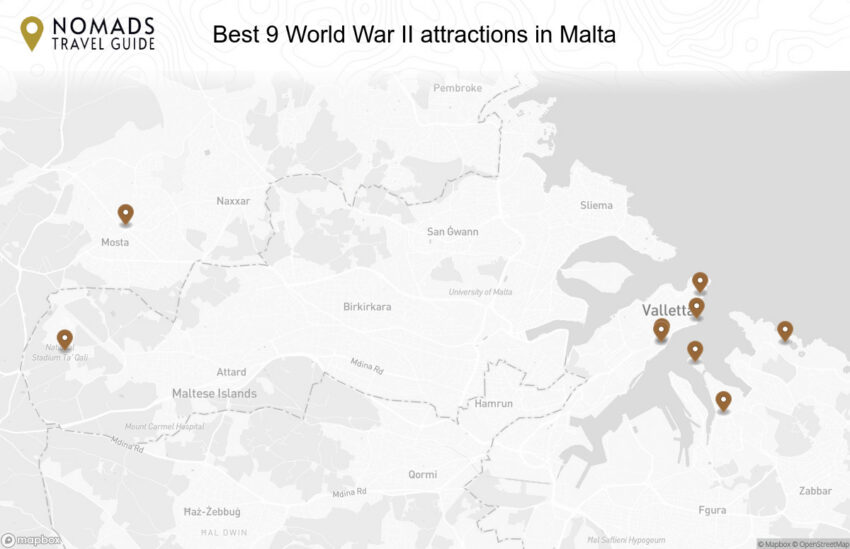 Map of the Best 9 World War II attractions in Malta walking route with 9 stops in Valletta.