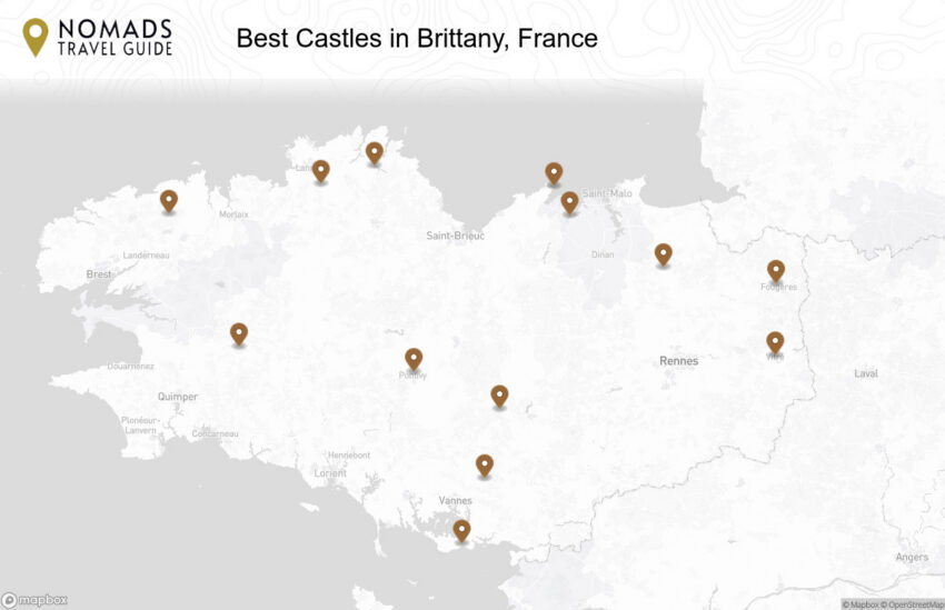 Map of the Best Castles in Brittany, France walking route with 13 stops in Brittany.