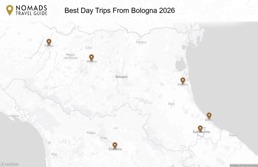 Map of the Best Day Trips From Bologna walking route with 6 stops in Bologna.