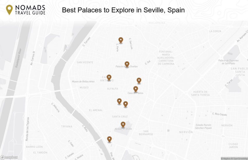 Map of the Best Palaces to Explore in Seville, Spain walking route with 9 stops in Seville.